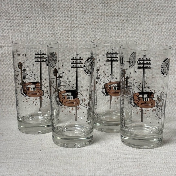 Other - Lot (4) Vintage Mid-century Modern Highball Telephone Communications Glasses